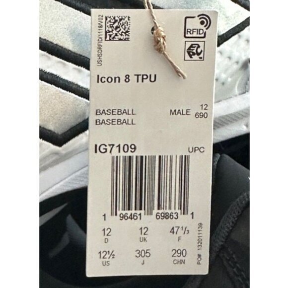 Adidas ICON 8 Metal Baseball Cleats‎ Black White IG7098 Men's 12.5 New With Tags - Picture 4 of 9